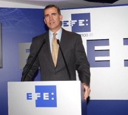 Su Alteza Real el Príncipe de Asturias durante su intervención en la inauguración de la nueva sede de la Agencia EFE